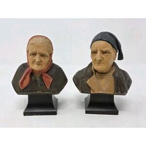 Vintage Swiss Hans Huggler Wyss Hand Carved Wood Busts Of Man And Woman